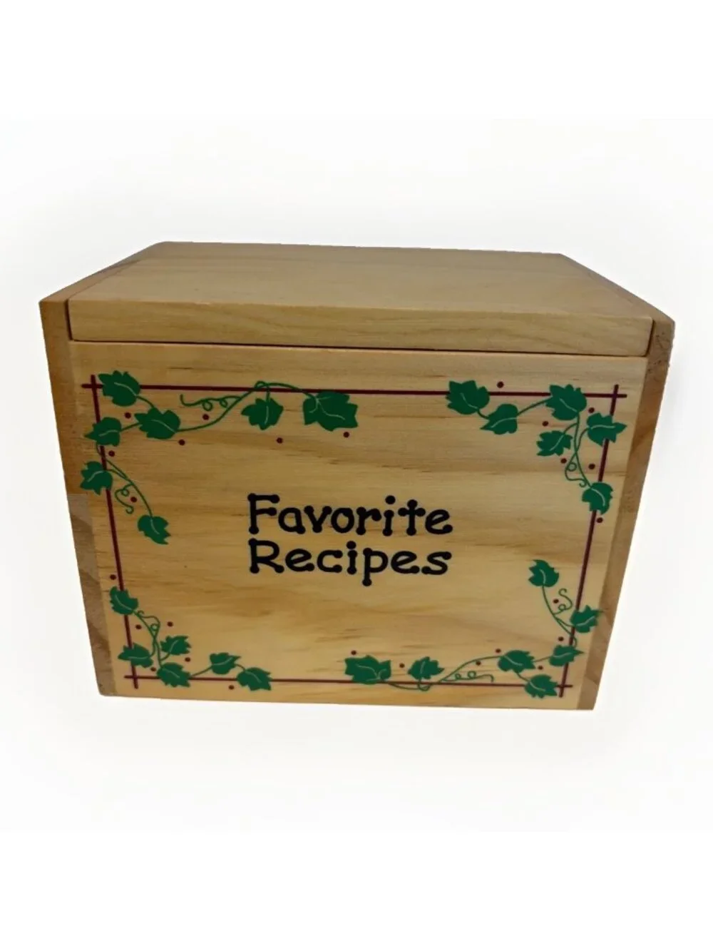 Vintage Wood Recipe Box Painted Leaves Ivy Cottagecore Country Kitchen 1980s